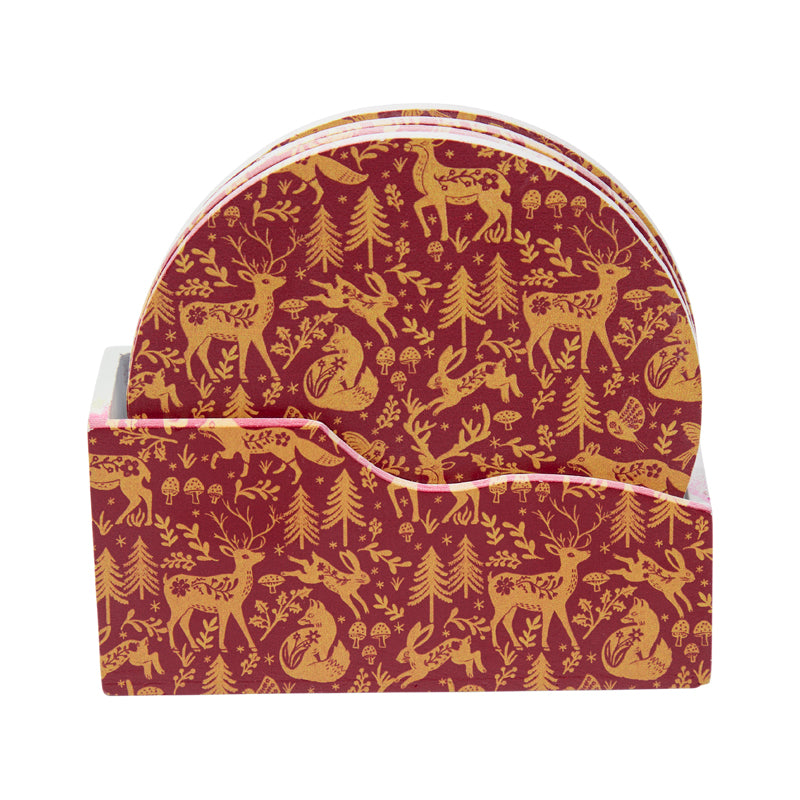 Folk Woodland Coasters (Red & Gold)