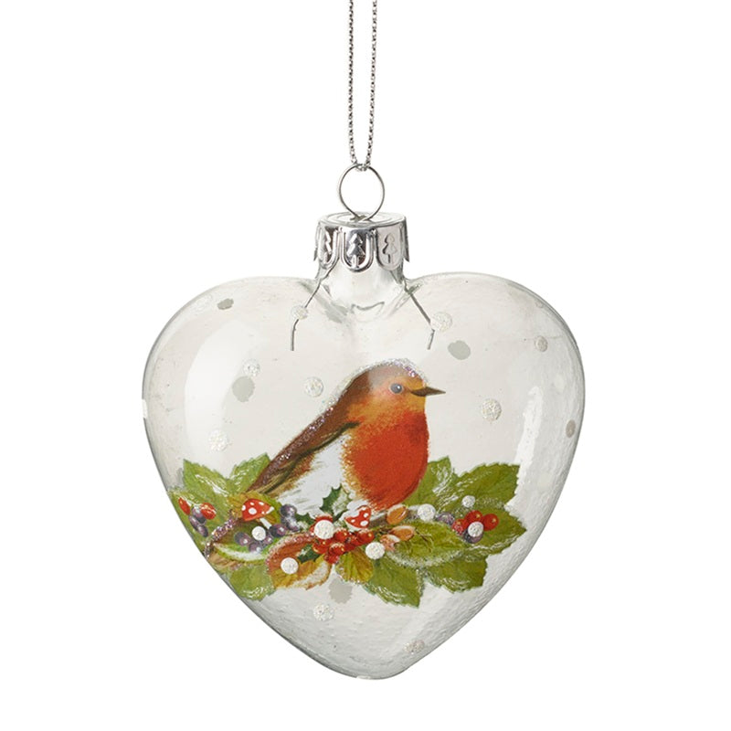 Robin Heart Glass Bauble