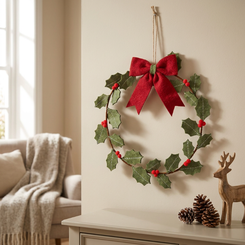Green Felt Holly Wreath