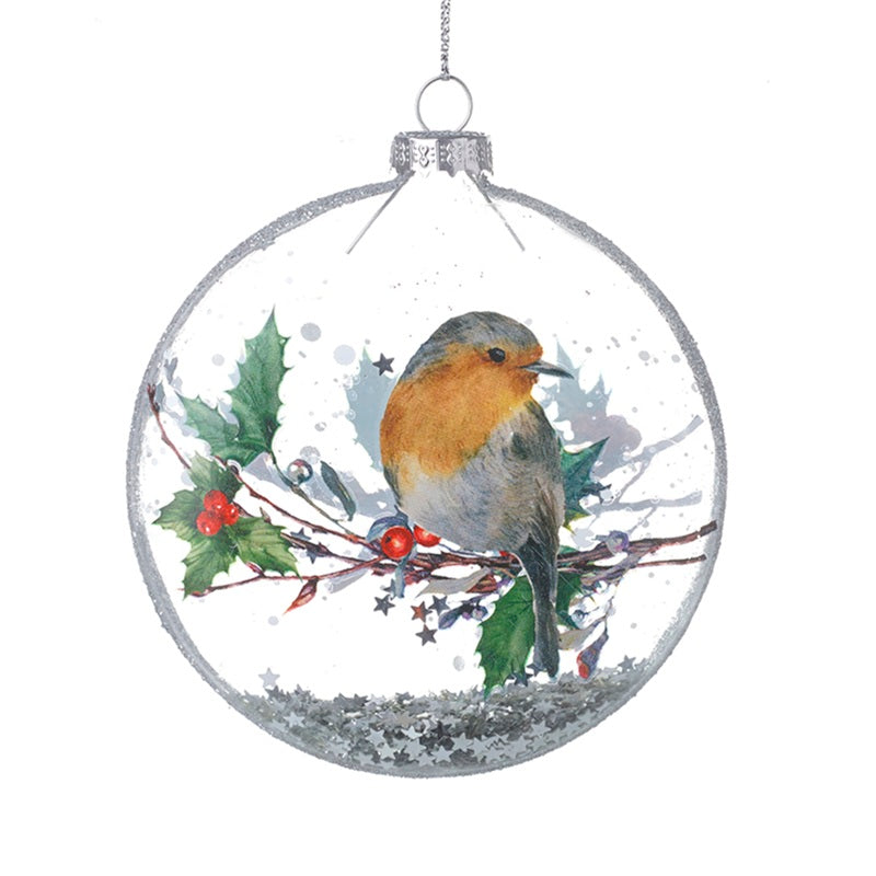 Robin In Round Glass Bauble