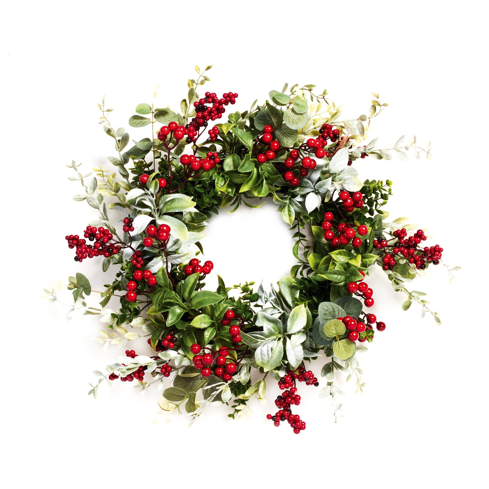 A festive artificial Christmas wreath featuring vibrant red berries, glossy green leaves, and soft silver eucalyptus foliage, isolated on a solid white background.