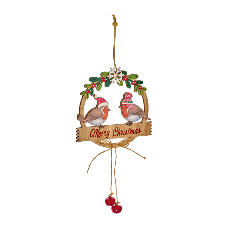 A hanging Christmas ornament featuring two robin birds wearing red hats under a green holly wreath, with a wooden sign reading 'Merry Christmas' and red berry charms below on a white background.