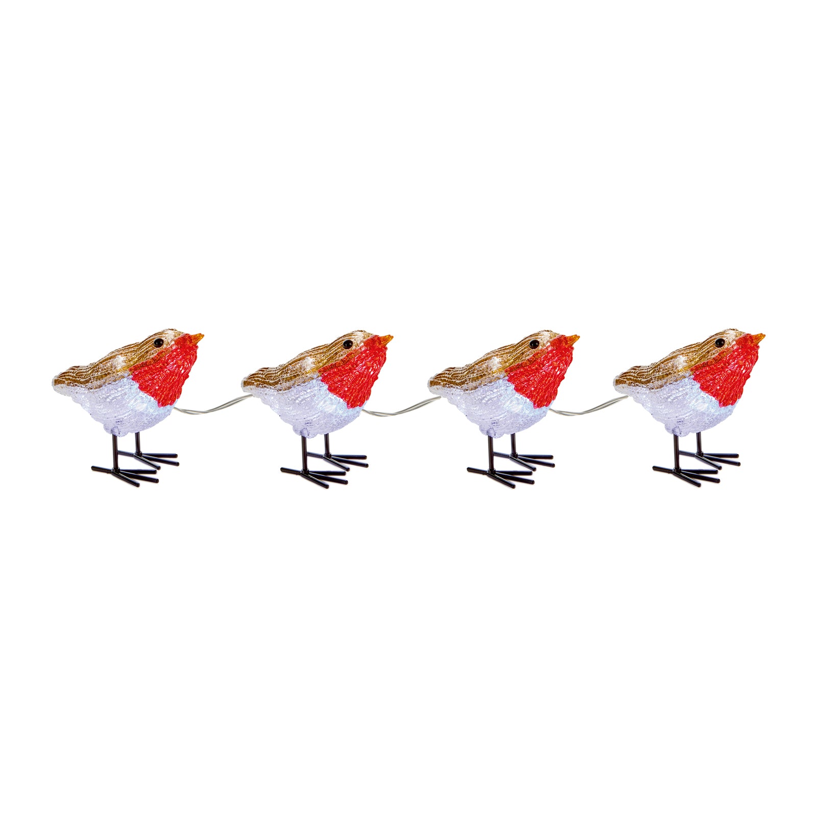 Four small robin bird figurines lined up in a row, connected by thin strings, on a plain white background.