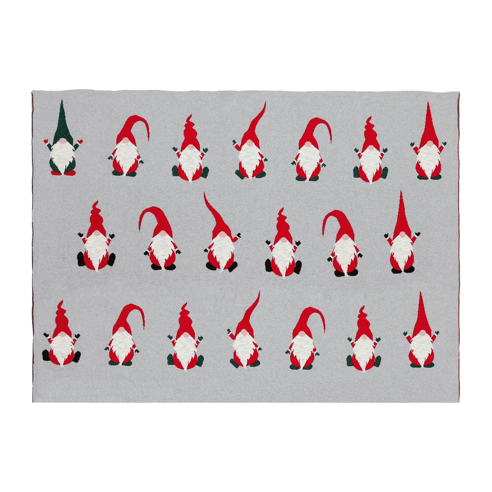 A square gray blanket featuring a repeating pattern of cartoon gnomes in red hats, white beards, and black shoes, shown flat against a white background.