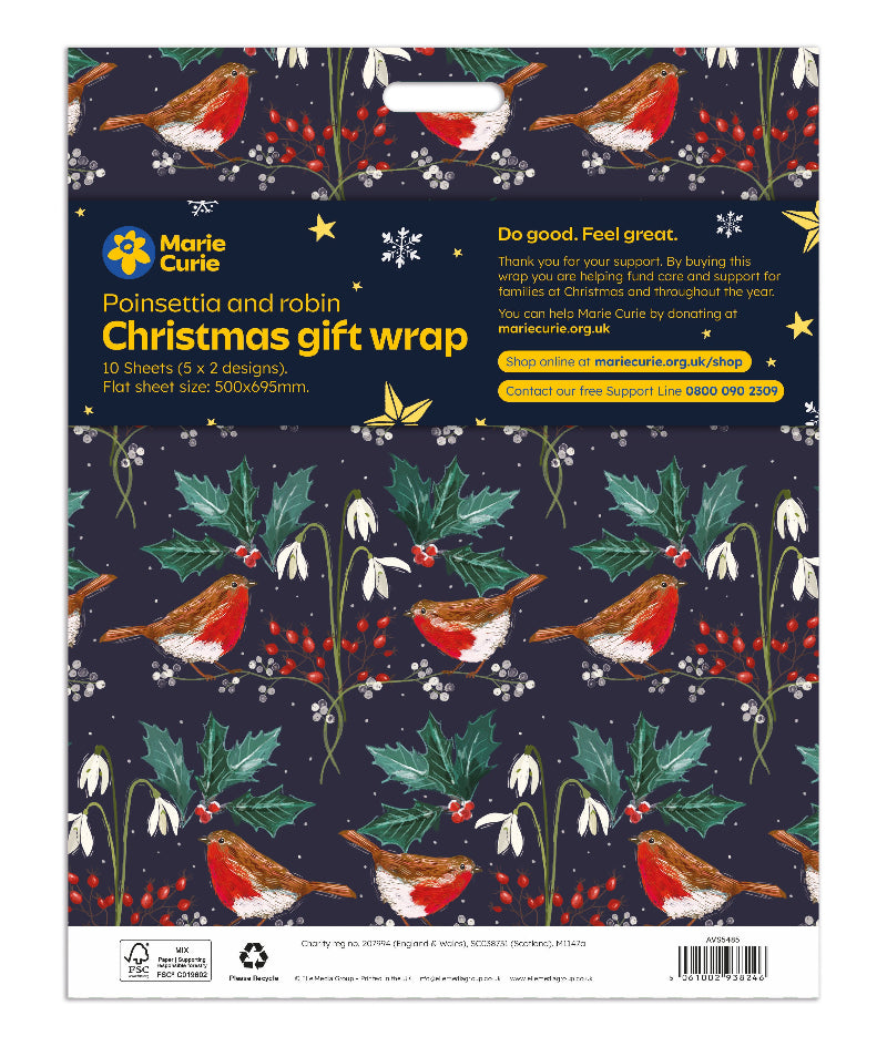 Poinsettia & Robin Flat Wrap - 10 sheets (5 of each)