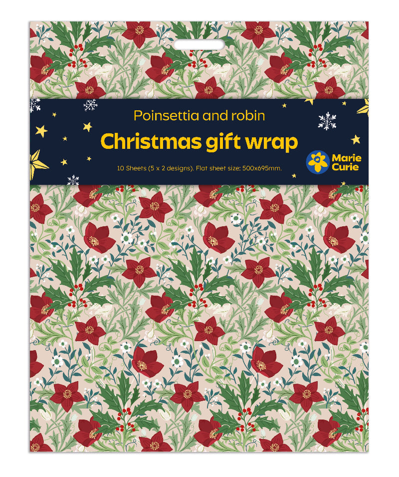 Poinsettia & Robin Flat Wrap - 10 sheets (5 of each)