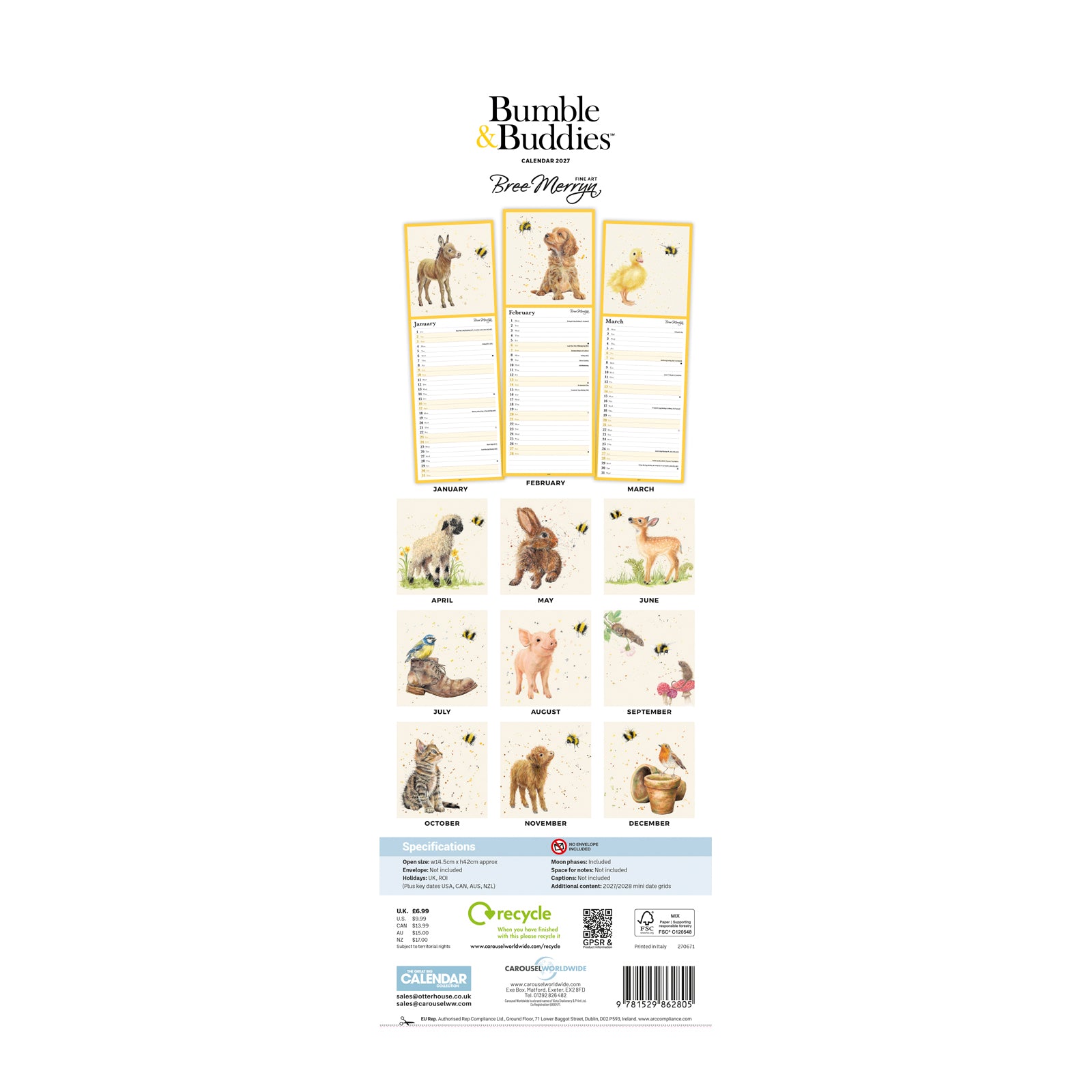 2027 Bree Merryn Bumbles and Buddies Slim Calendar