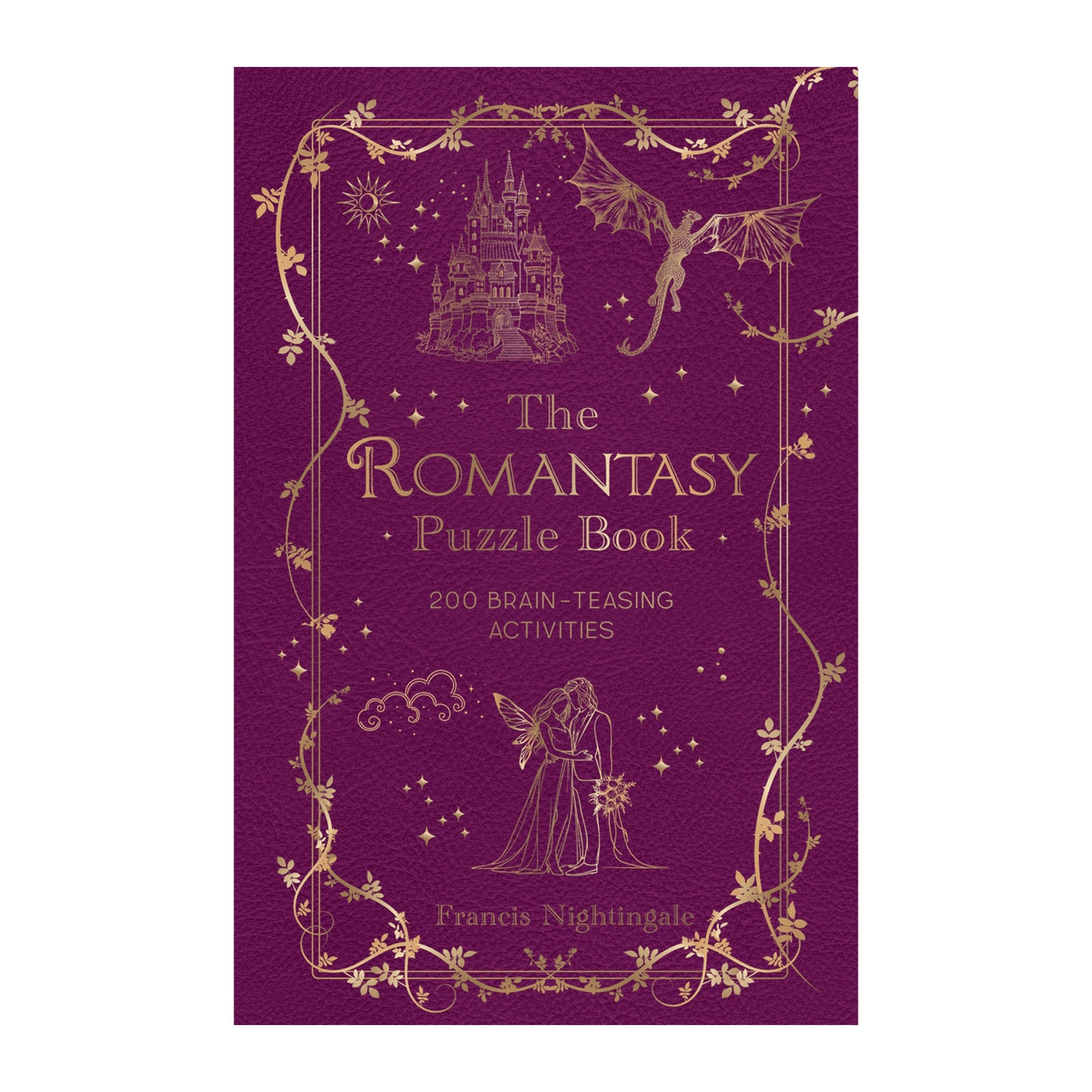 The front cover of 'The Romantasy Puzzle Book' by Francis Nightingale, featuring a deep purple textured background with gold foil illustrations of a castle, a winged figure, and a fairy, framed by a decorative gold border.