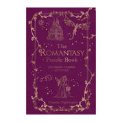 The front cover of 'The Romantasy Puzzle Book' by Francis Nightingale, featuring a deep purple textured background with gold foil illustrations of a castle, a winged figure, and a fairy, framed by a decorative gold border.