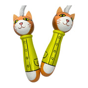 A pair of hand-painted wooden cat jump ropes on a solid white background. The ropes feature orange and white cat heads with yellow eyes and paws, and bright yellow handles decorated with black line details resembling clothing.
