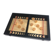 A wooden checkers game board with a black outer frame, light natural wood playing surfaces, red boundary lines, and round wooden checkers, photographed on a plain white background.
